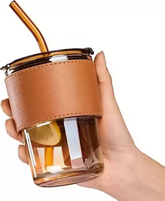 Leather Mug -, Glass Straw and Protective Anti-Slip Leather Sleeve - Image 3