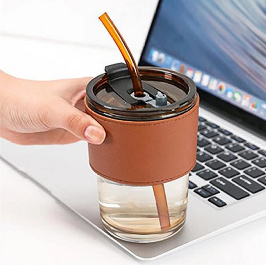 Leather Mug -, Glass Straw and Protective Anti-Slip Leather Sleeve - Image 2