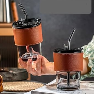Leather Mug -, Glass Straw and Protective Anti-Slip Leather Sleeve