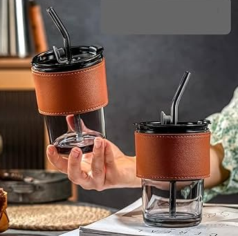 Leather Mug -, Glass Straw and Protective Anti-Slip Leather Sleeve