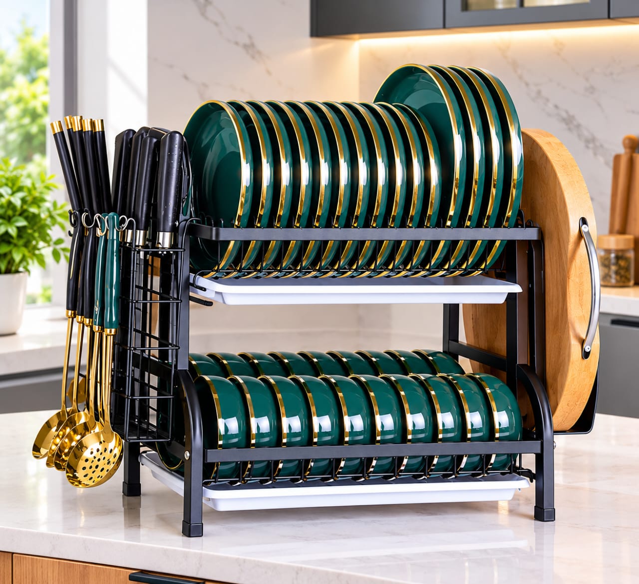 2-Tier Dish Rack with Cutlery Holder - Image 2